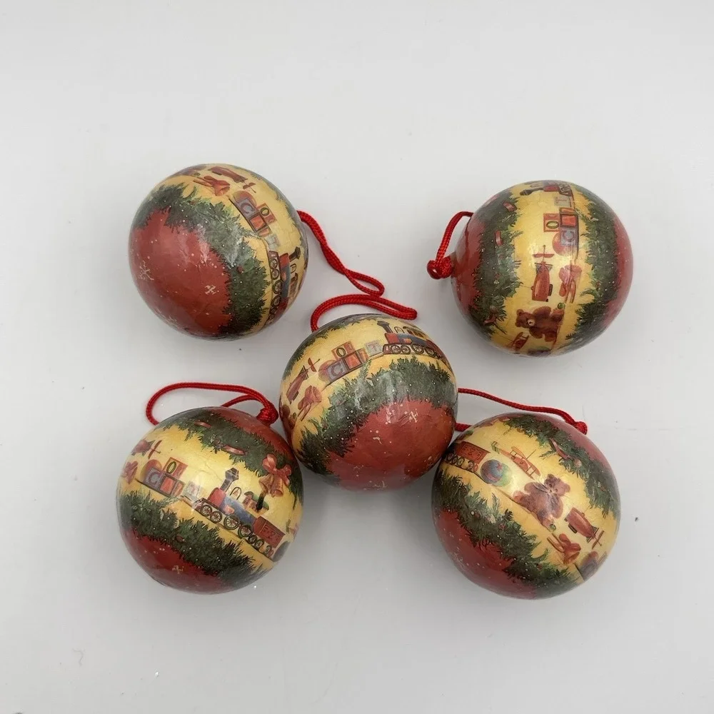 Vintage Christmas Ornament Set of 5 Paper Mache Childrens Train Blocks Red Gold